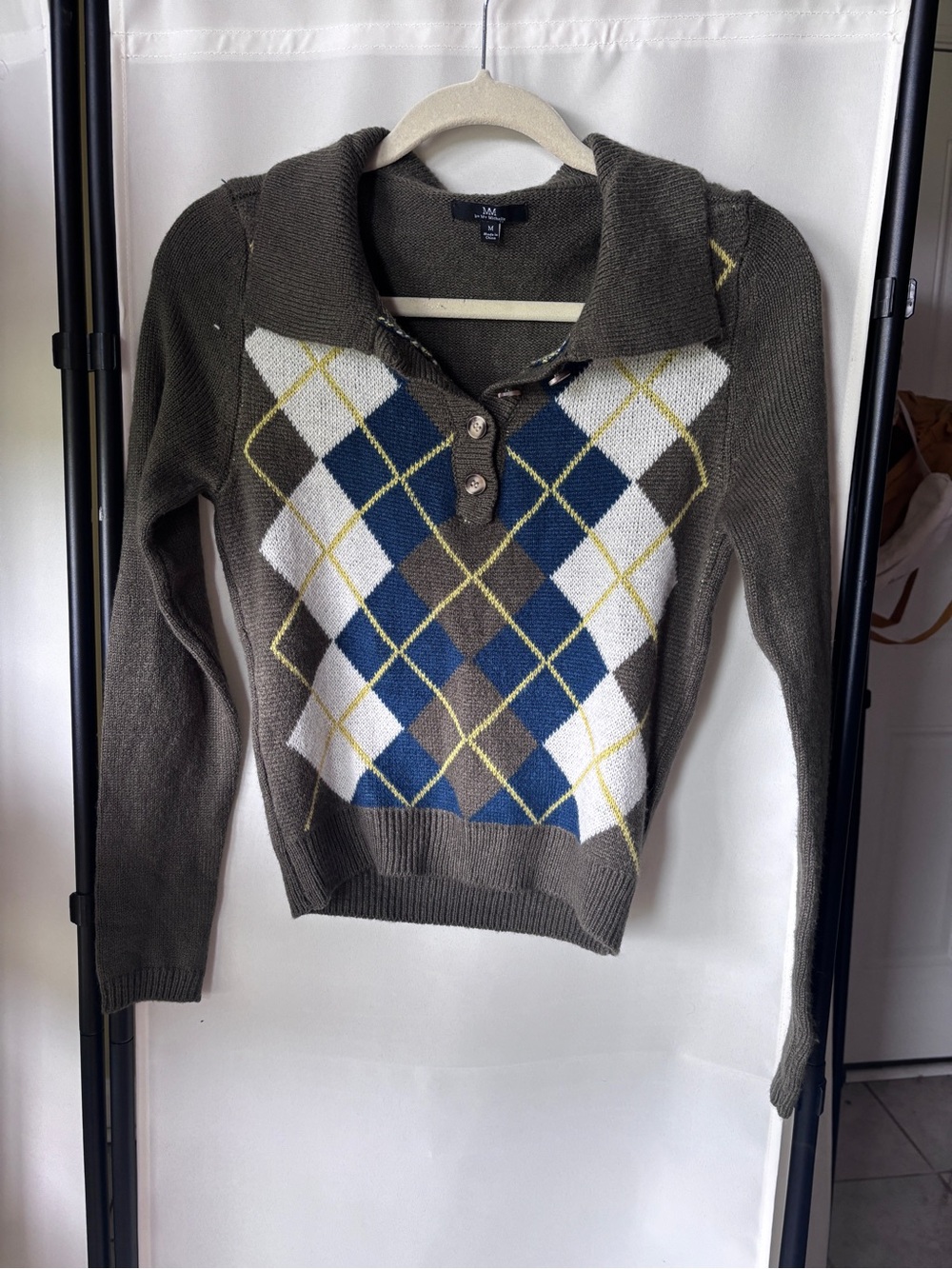 My Michelle Olive Argyle V-Neck Polo Sweater with Blue and White Diamonds